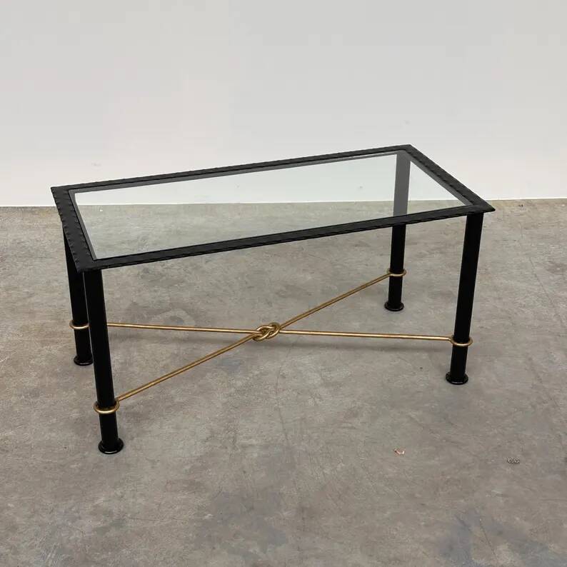 Vintage Coffee Table in Textured Black Wrought Iron and Glass with Gold Detail, 1970s