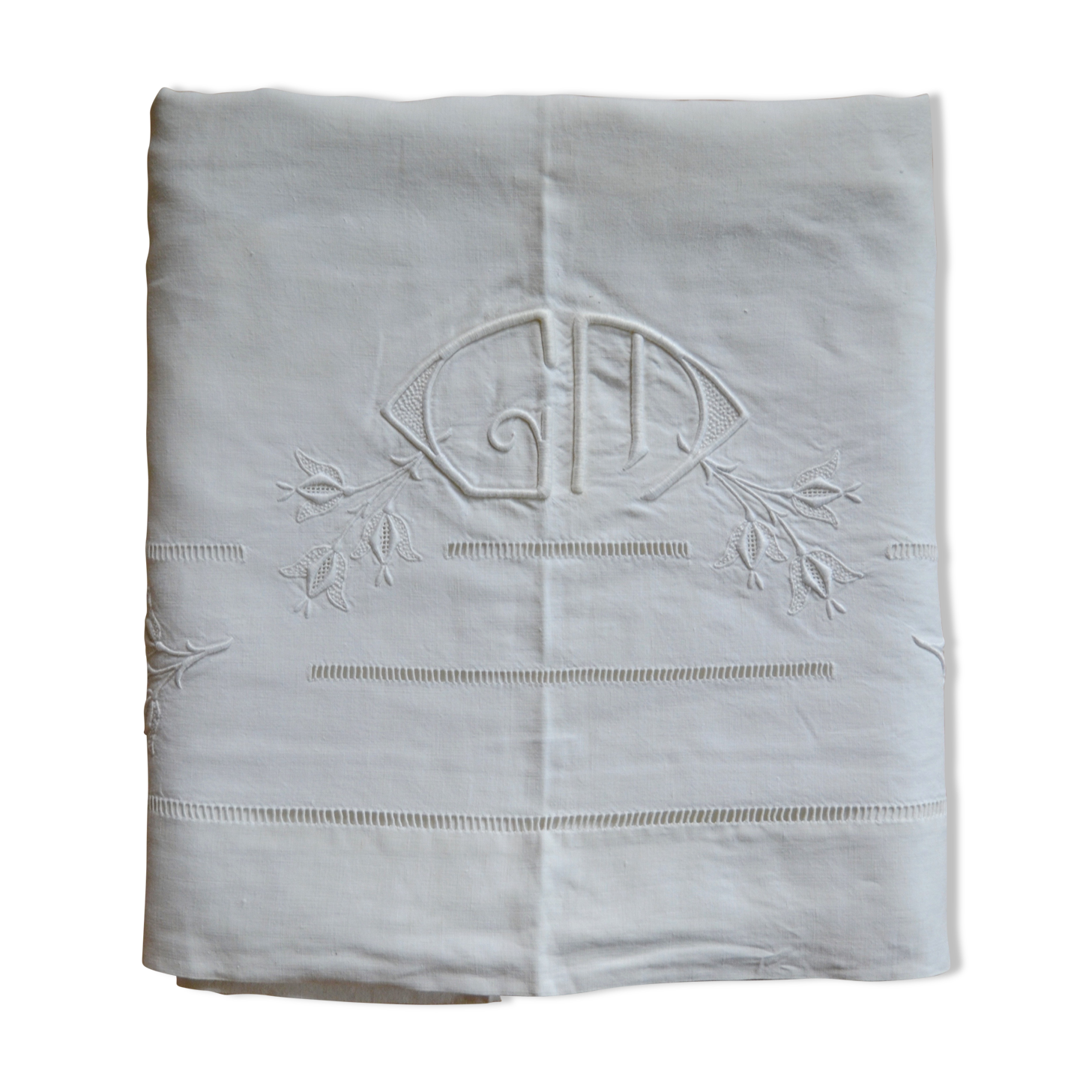 Linen old flat sheet with back embroidered Monogram 'GM '.