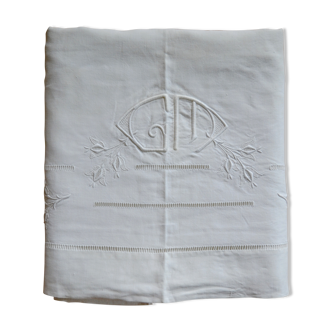 Linge ancien drap plat avec retour brodé monogrammé « GM »