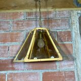 Antique Hexagonal Bamboo Rattan Pendant Light + Vintage Engraved Glass Plates