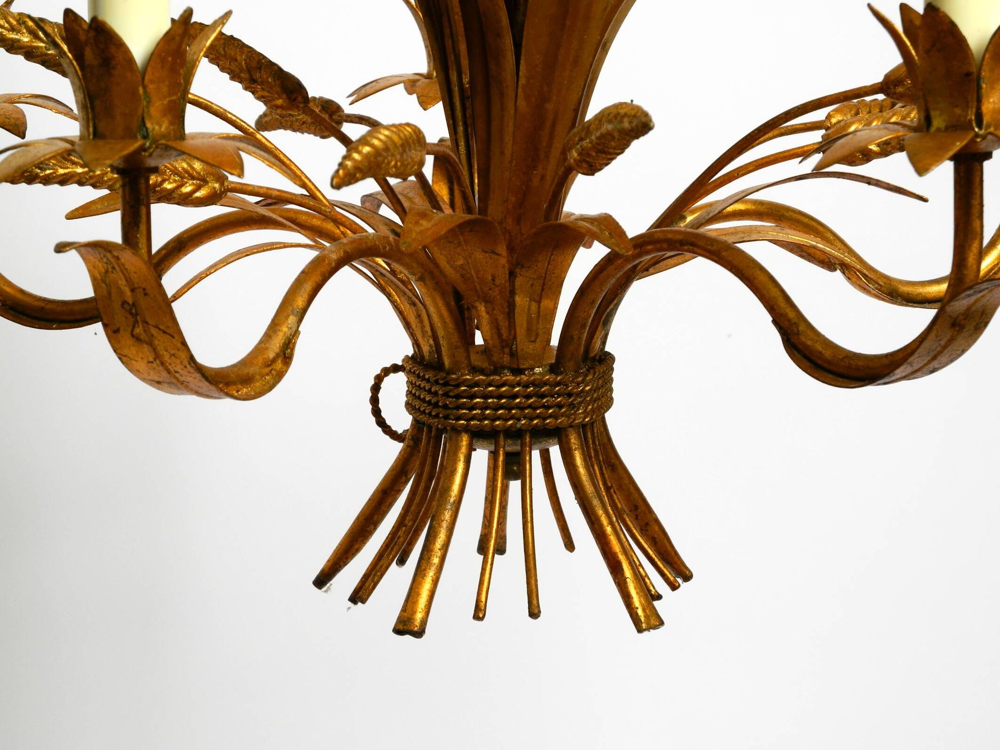 Beautiful 1970s gold-plated 5-arm tall metal chandelier by Hans Kögl