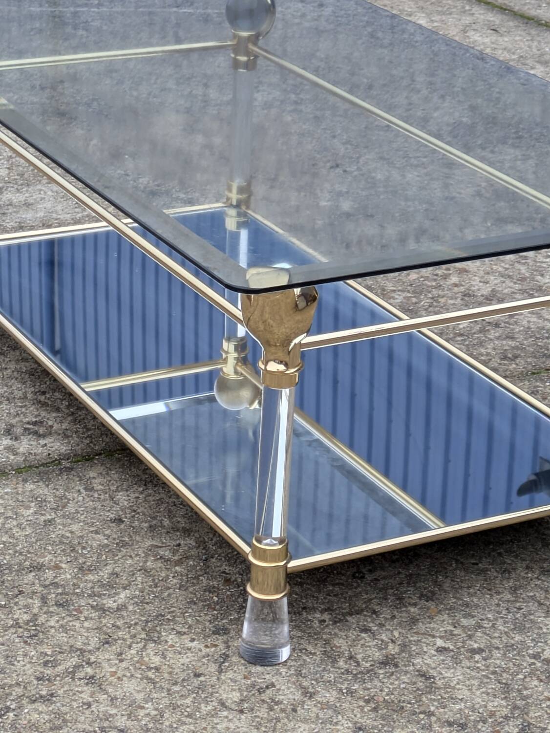 Table basse double plateau en verre et miroir vintage