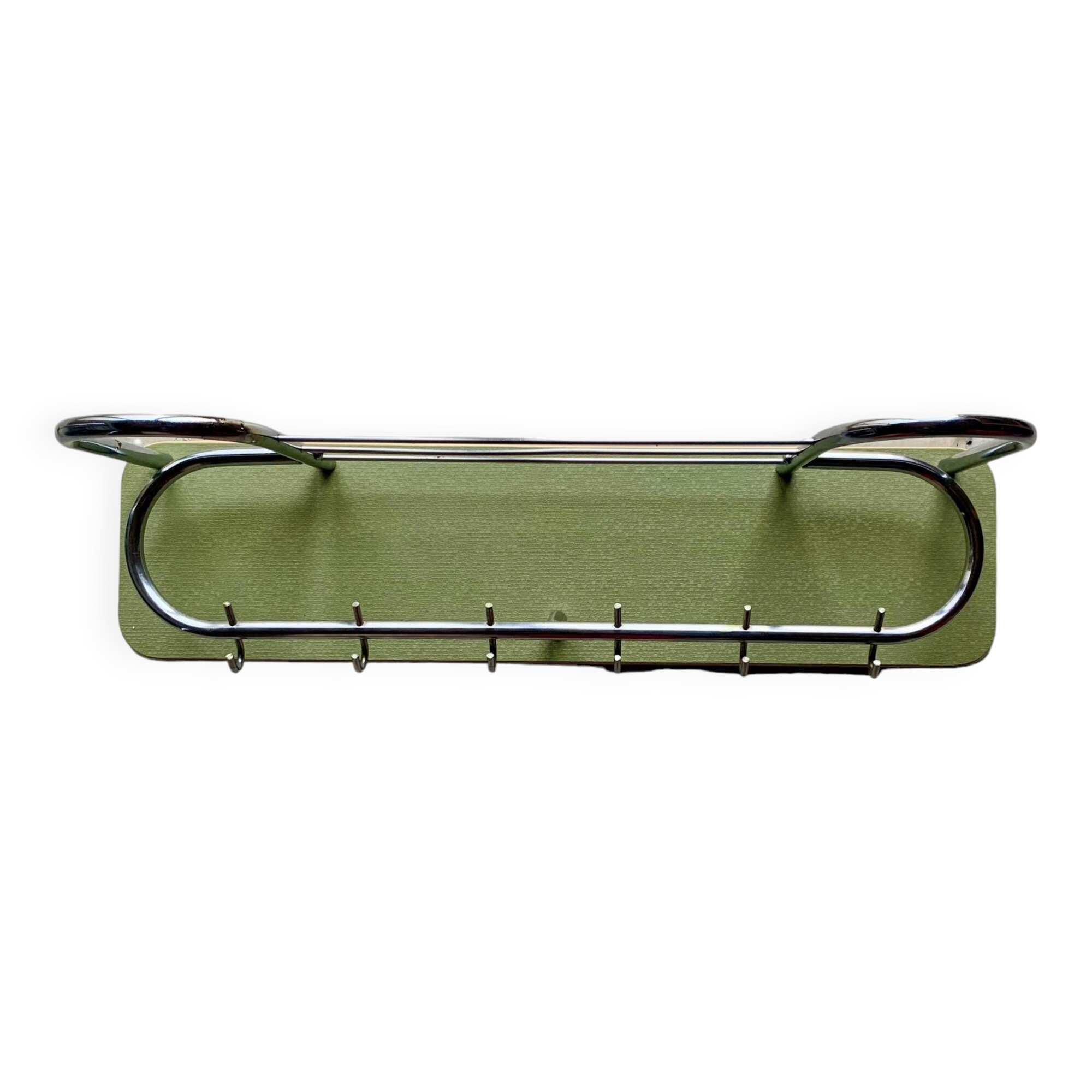 Large vintage wall-mounted coat rack in green Formica and chrome metal
