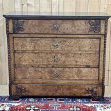 Commode secrétaire du XIXème en loupe d'orme, sapin et dessus marbre noir