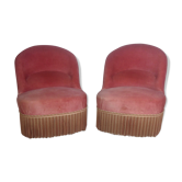 Paire de fauteuils crapaud rose avec des franges années 60