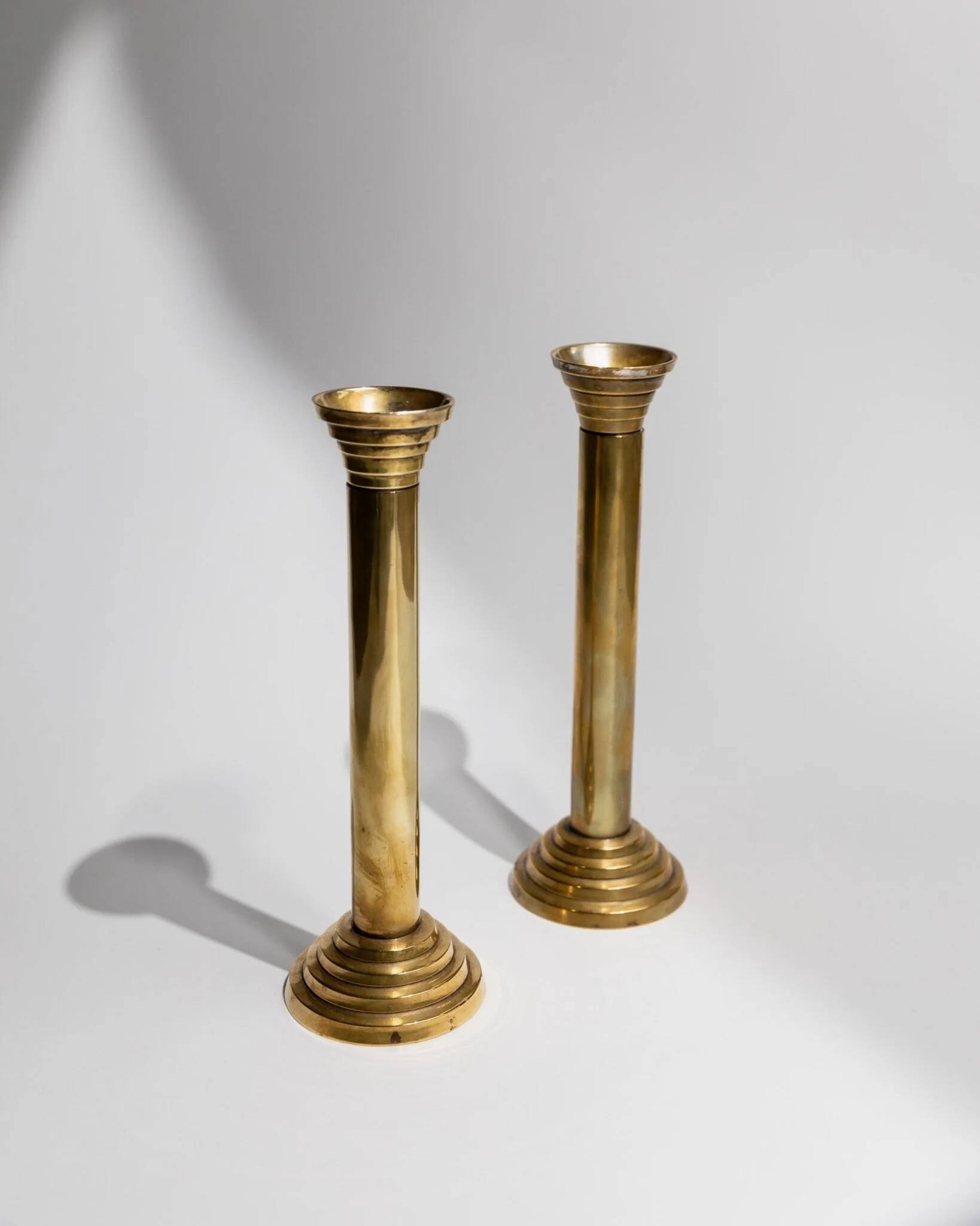 Gold-Plated Metal Candle Holders Set of 2, 1960s Italian Column Design, Vintage Table Decor