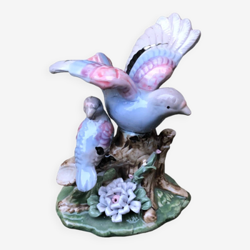 1971 Deux oiseaux bibelot en céramique peint main style nacré décor fleur et branche Vintage ancien