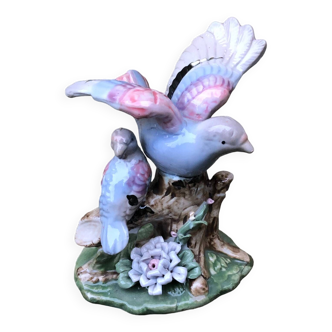 1971 Two birds ceramic trinket hand painted pearly style decor flower and branch Vintage old