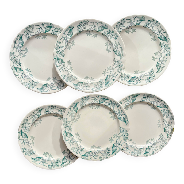 Lot de 6 Assiettes Plates Anciennes Terre de Fer ''Lilas'' – Longchamp XIXe –