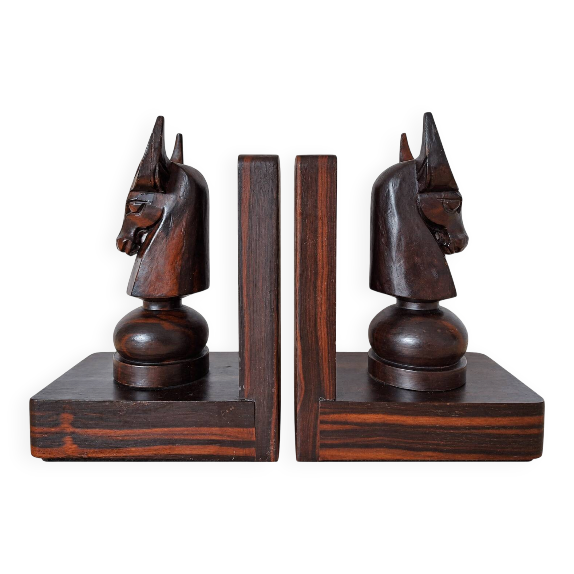 Pair of vintage wooden bookends with stylised horse heads.