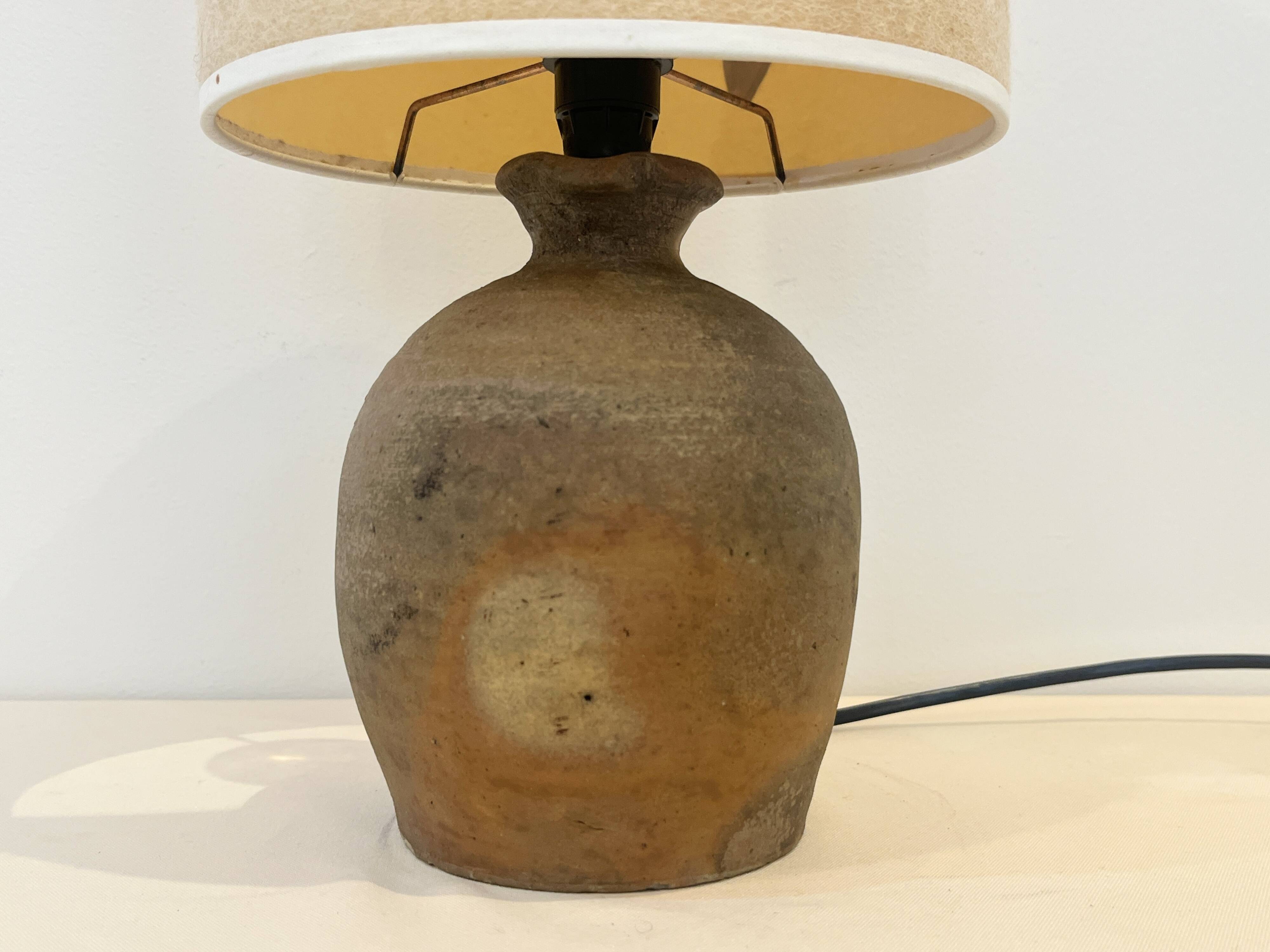 Vintage brutalist stoneware ceramic lamp base with dried flower shade