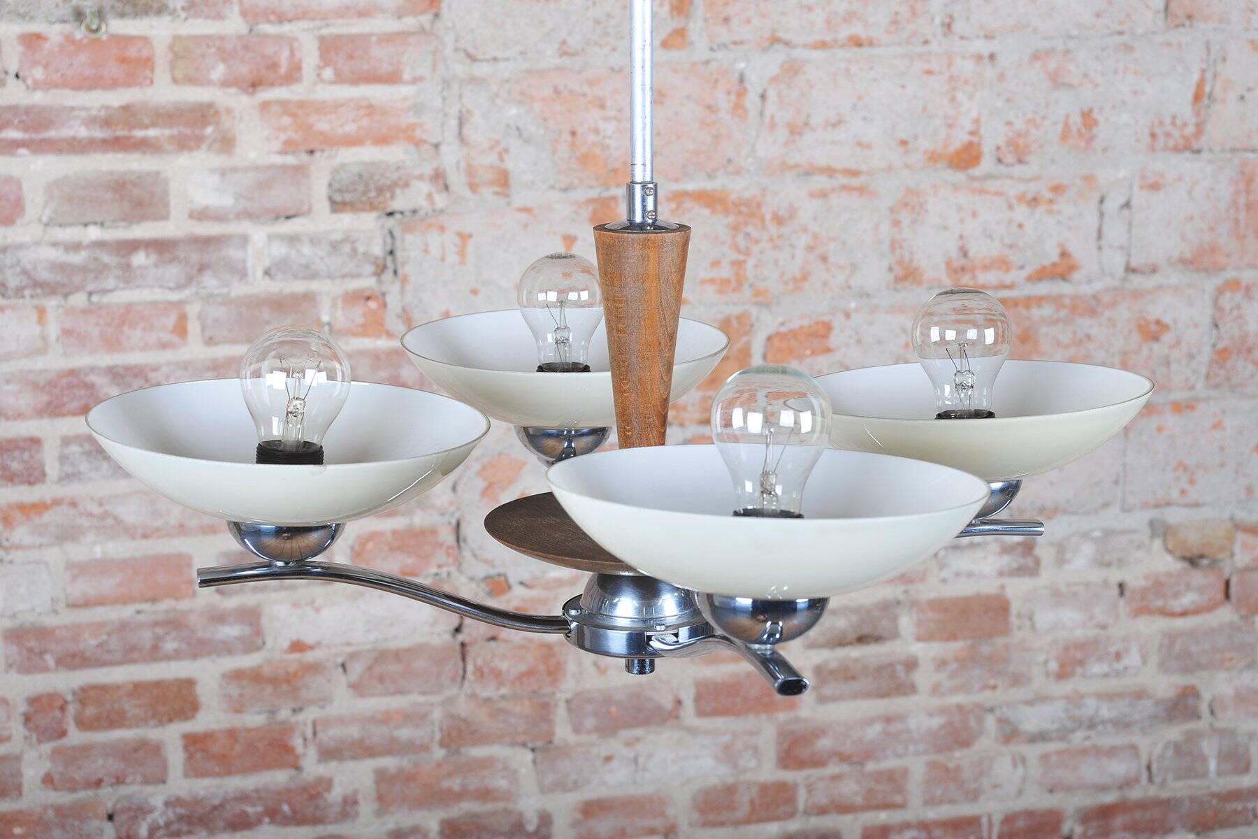 Art Deco Chandelier in Chromed Steel, Beech and Opal Glass, Czech, 1920s