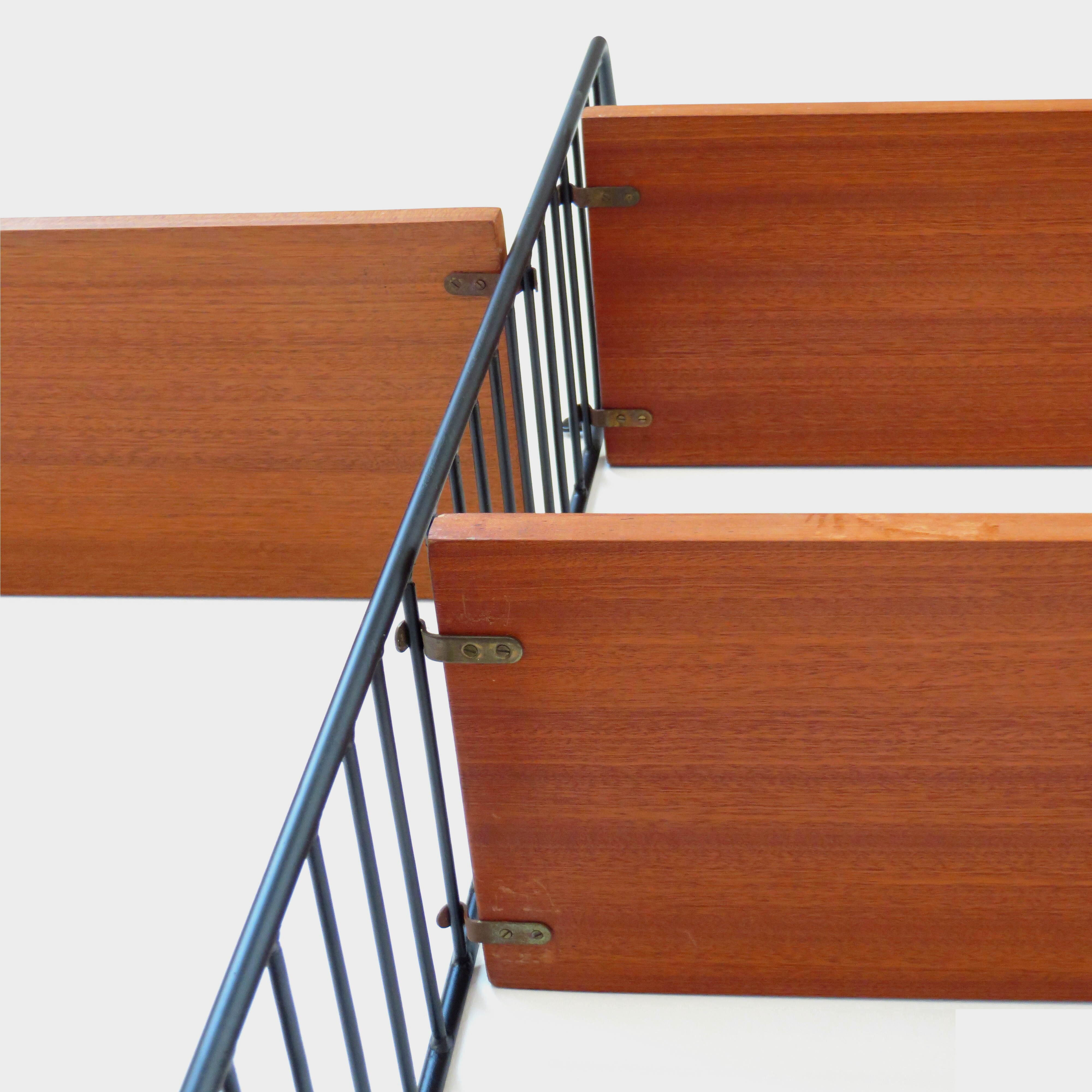 Mid century Wall Unit Shelving System in teak with black metal bookshelf supports