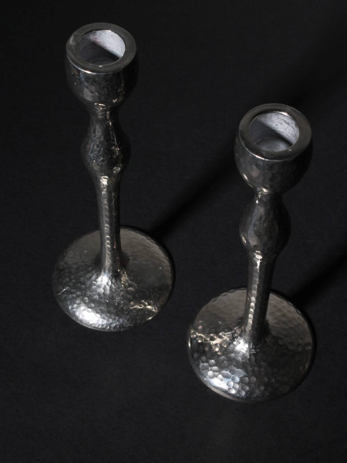 Pair Of Tall Textured Mirror Metal Candlesticks