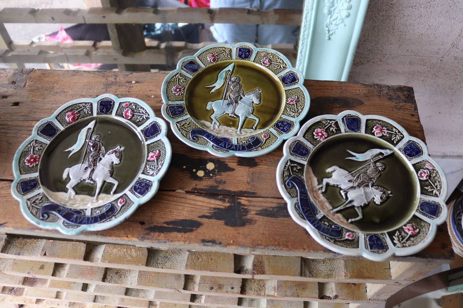 3 antique barbotine plates featuring Joan of Arc "En Avant"