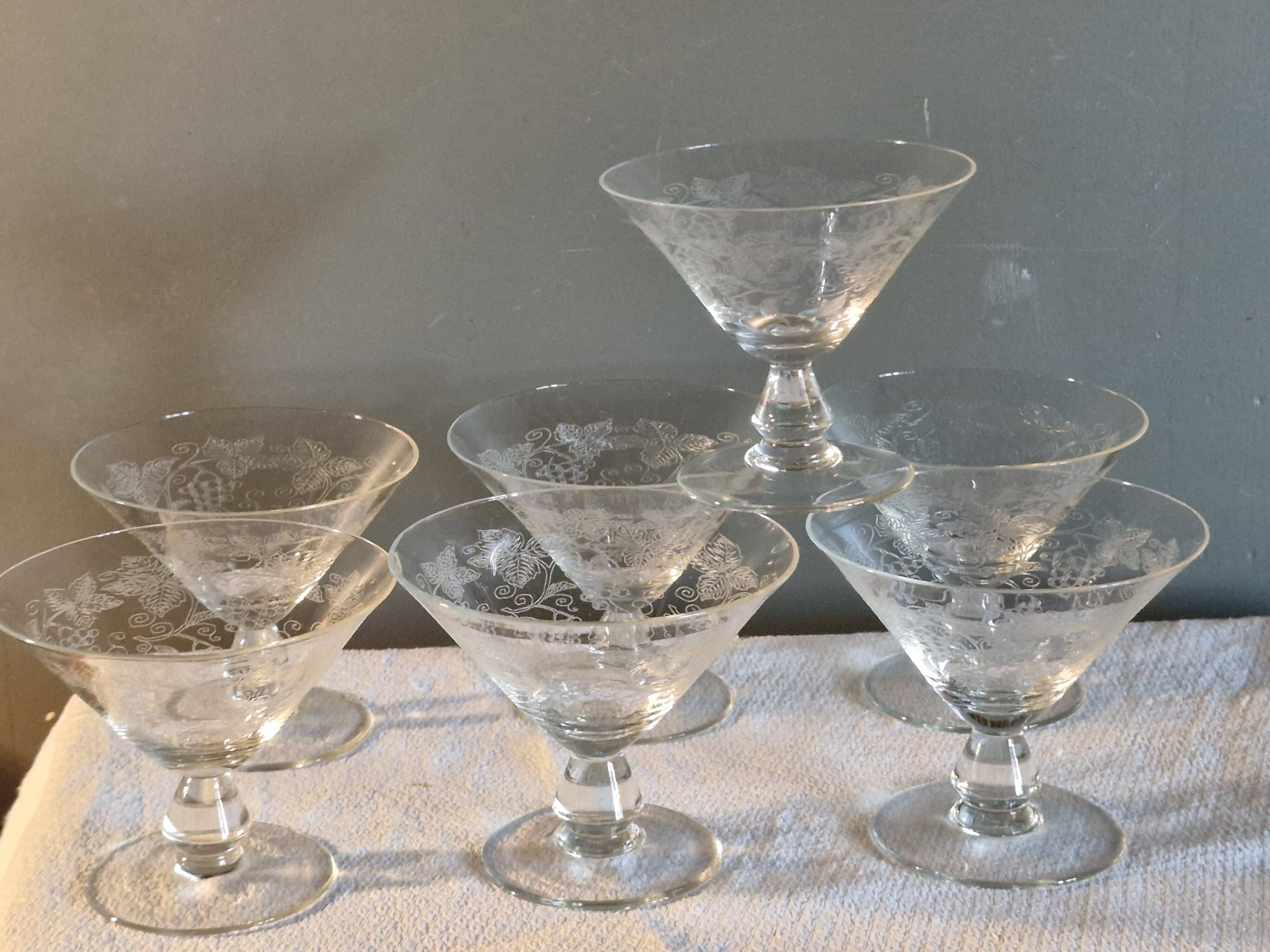 7 Art Deco crystal champagne coupes, grape clusters (+ 2 gifts)