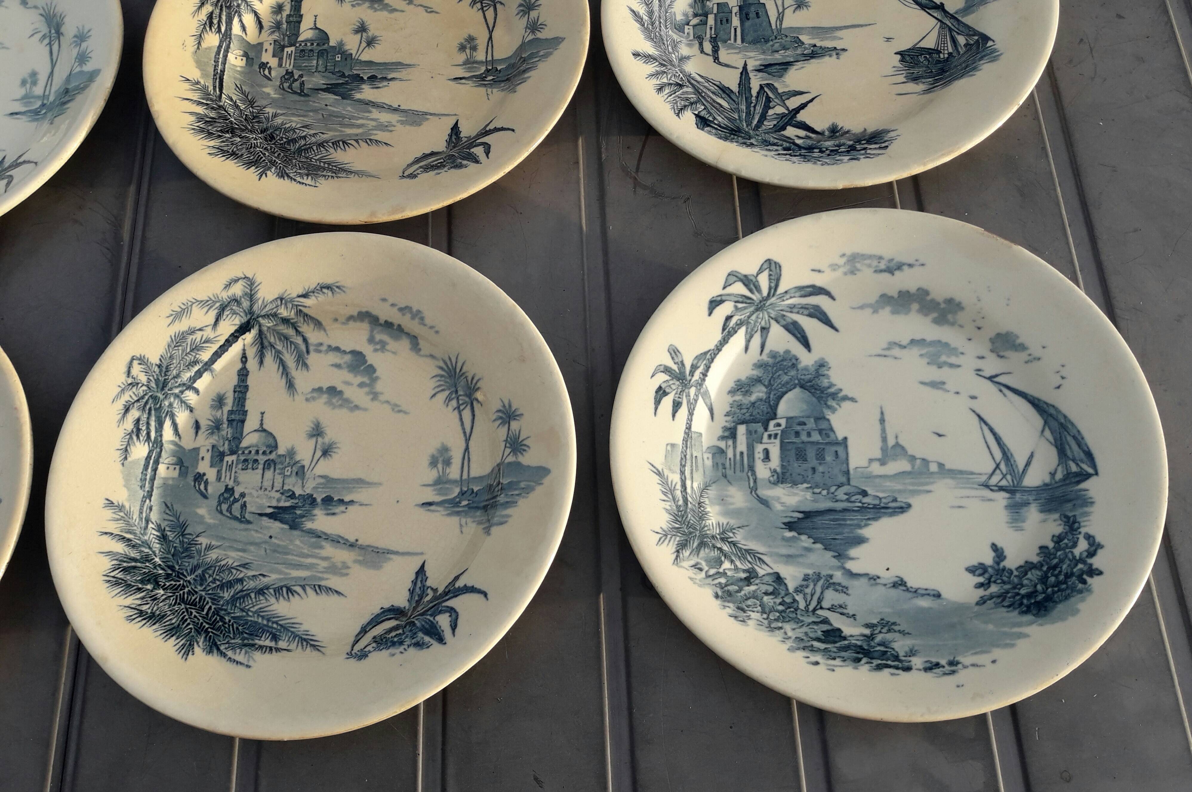 Gien earthenware service, Vues d'Orient model, 21 pieces, late 19th century