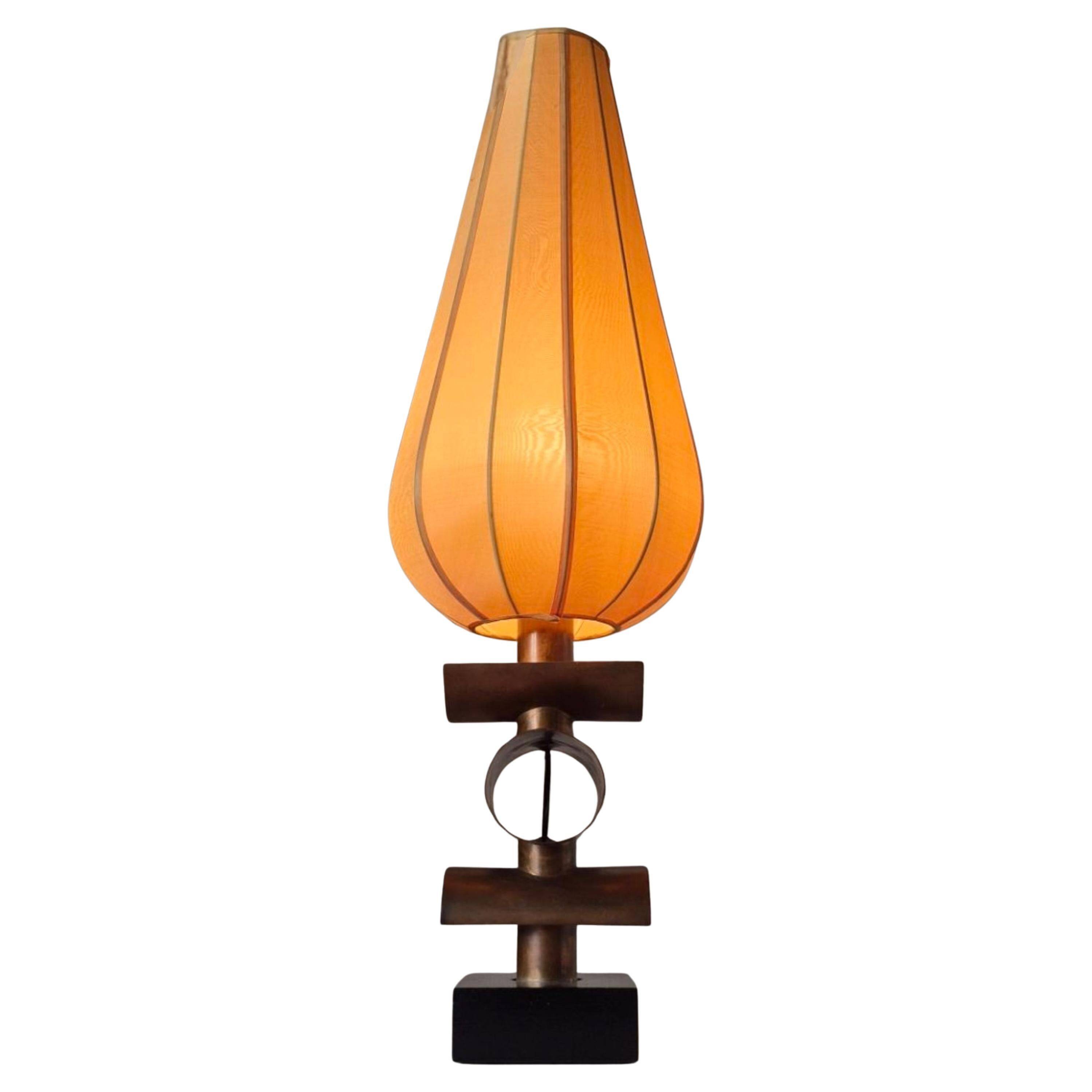 Modernist handcrafted copper and silk table lamp, Netherlands 1950s