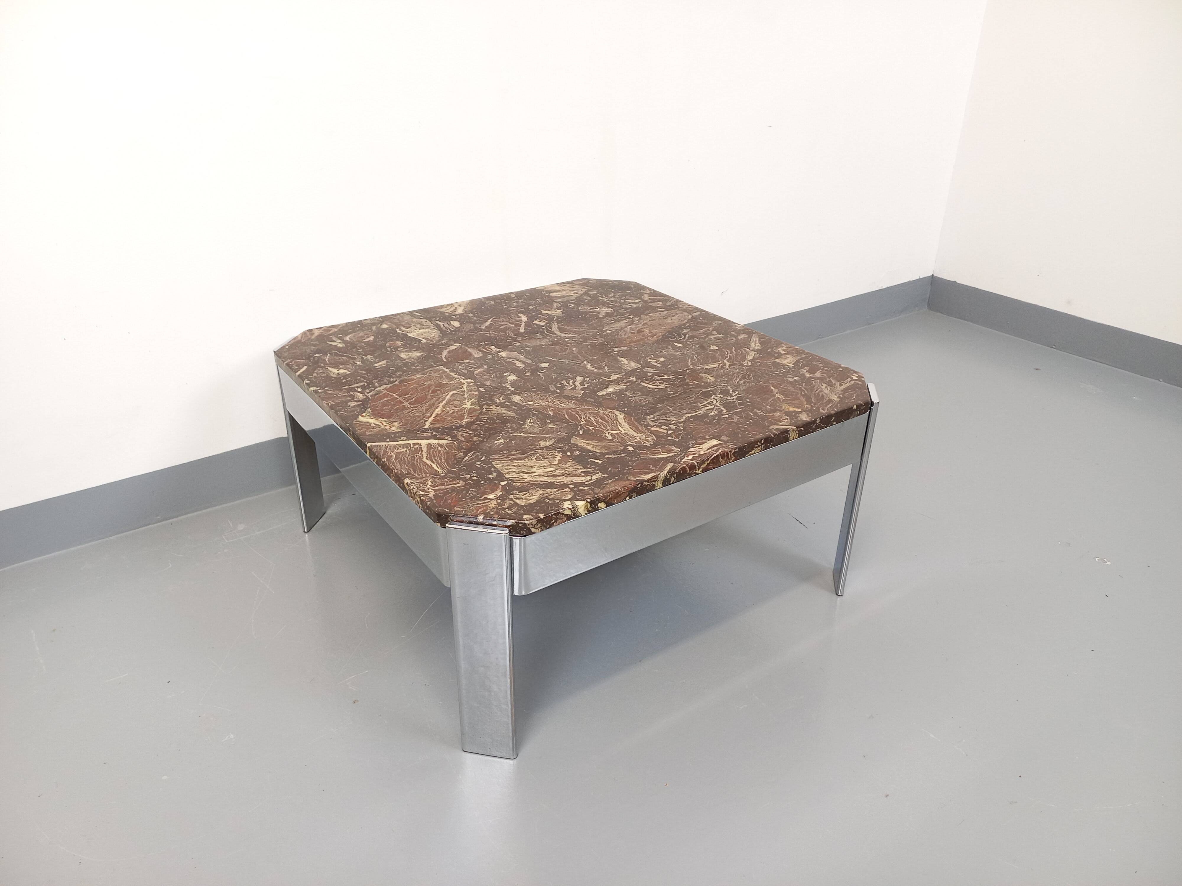 Vintage square coffee table in marble and chrome metal from the 70s