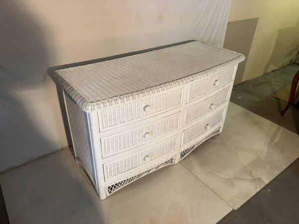 Ensemble chambre rotin blanc : commode, miroir, lit, panier