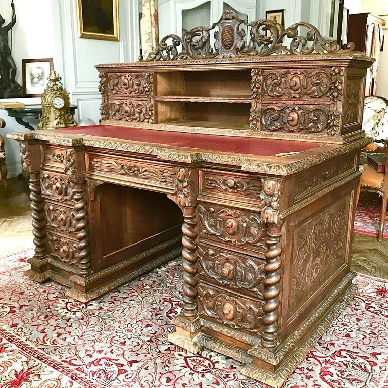 Hand-carved wooden desk in neo-renaissance style Henri II around 1870