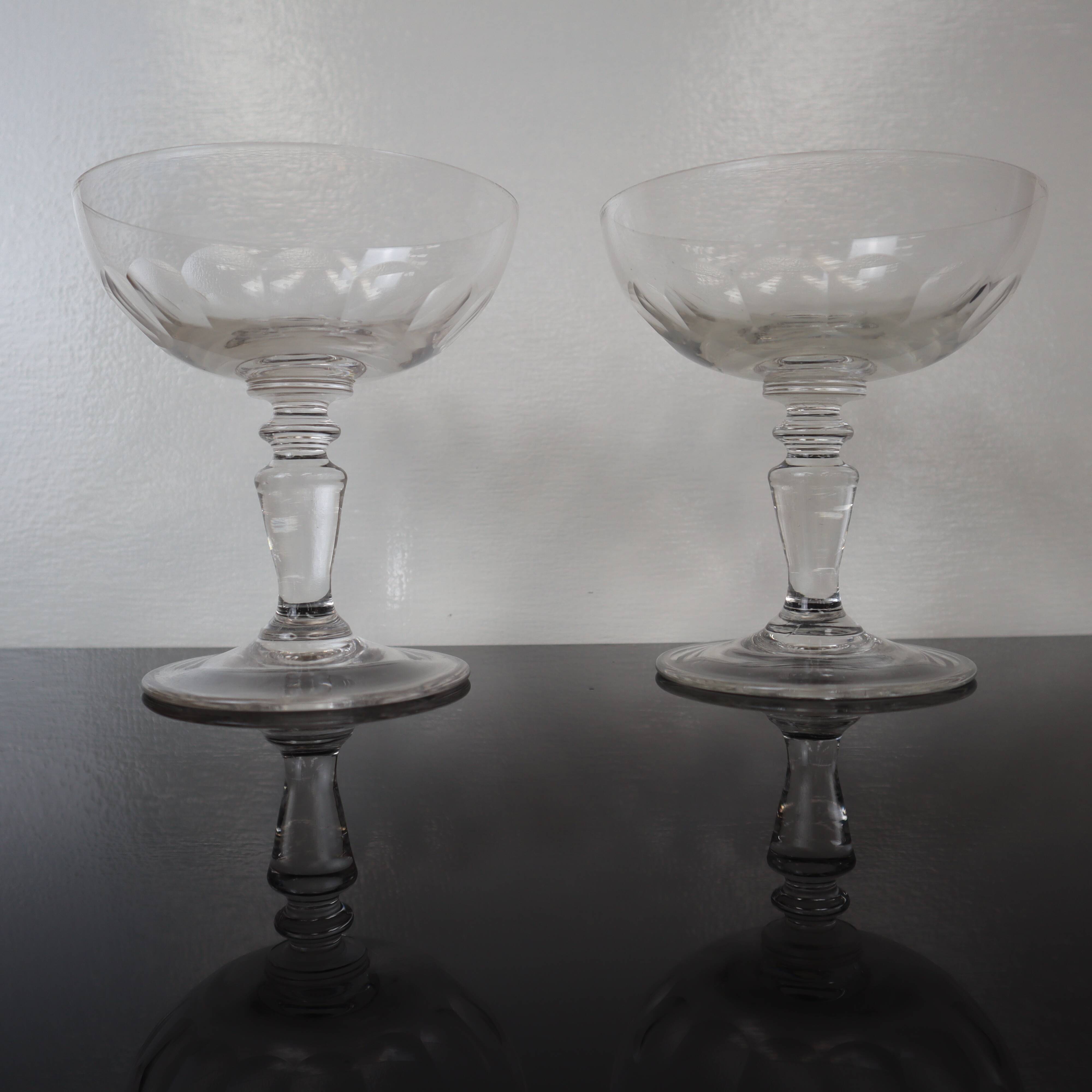 2 Antique faceted champagne glasses in blown glass