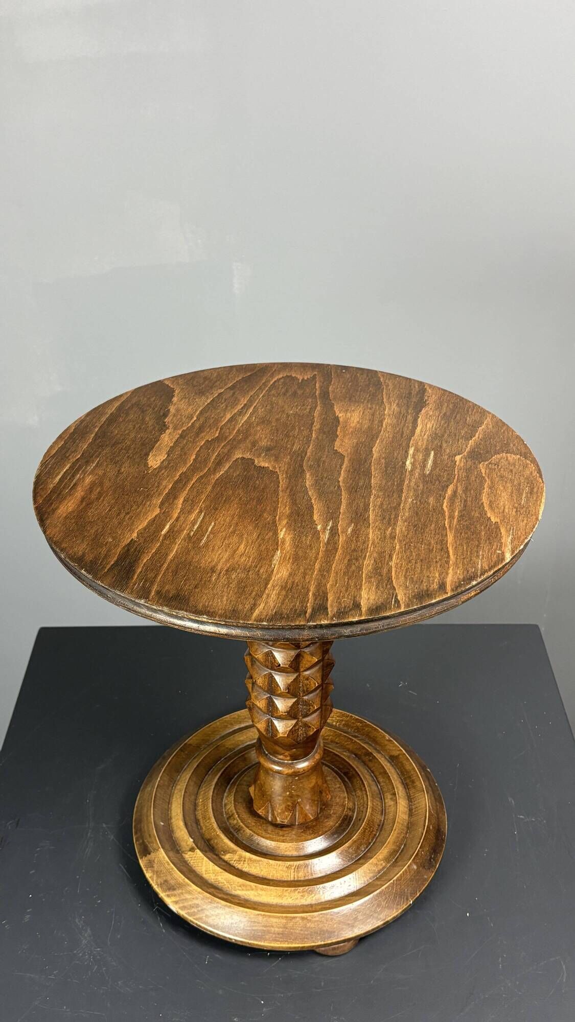 Low wood turned midcentury brutalist side table, Charles Dudouyt style