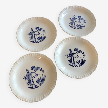 Lot de 4 assiettes plates blanches à motifs bleus d'oiseaux et de plantes, Digoin modèle Paradis