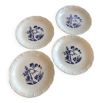 Set of 4 white Digoin flat plates with blue patterns, birds and plants, Paradis model