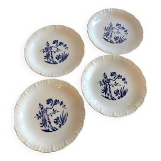 Lot de 4 assiettes plates blanches à motifs bleus d'oiseaux et de plantes, Digoin modèle Paradis