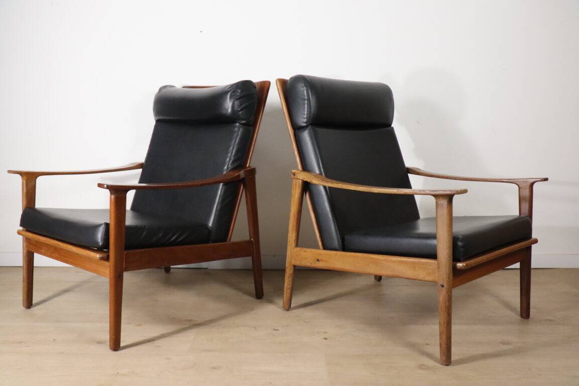 Pair of Scandinavian teak and leatherette armchairs, 1960