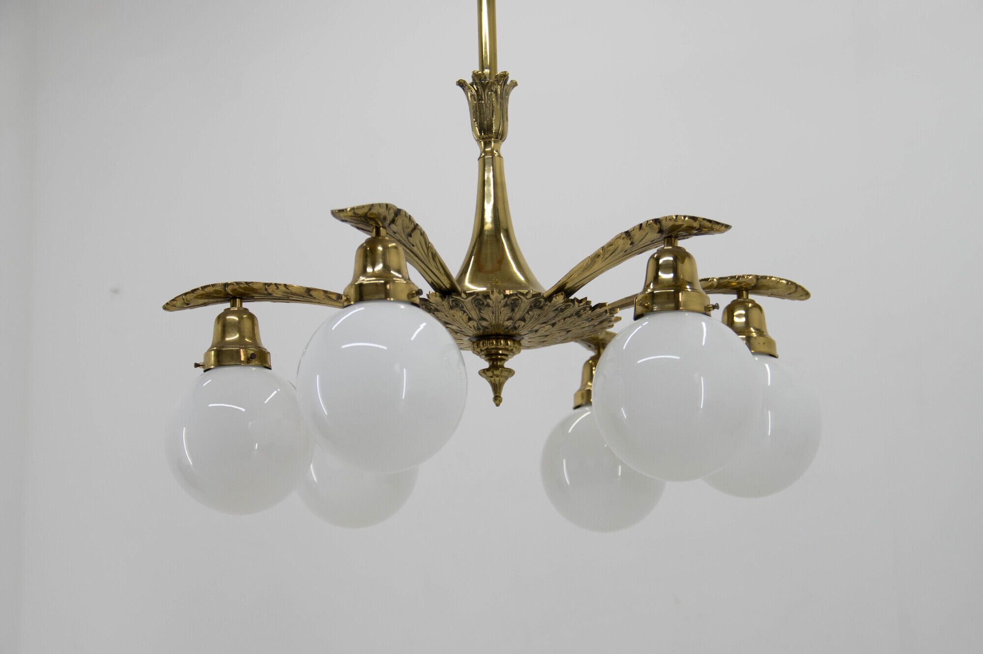 Art nouveau brass and glass chandelier