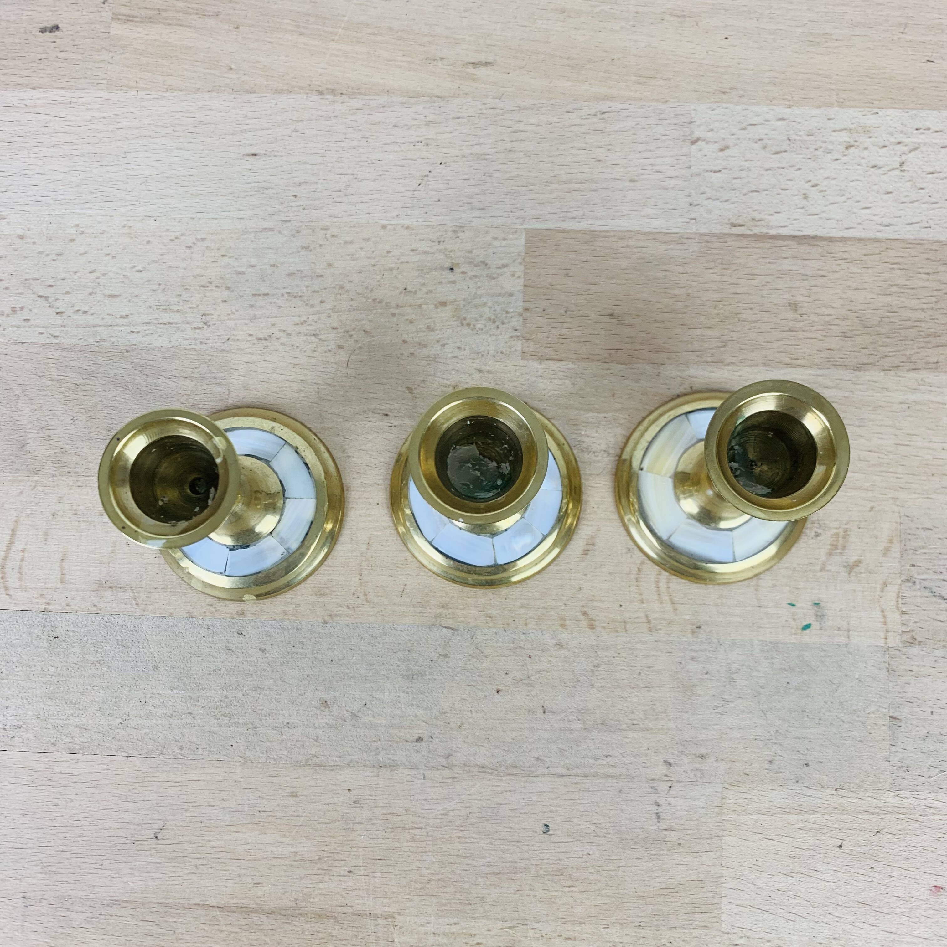 3 vintage mother-of-pearl and golden brass candlesticks