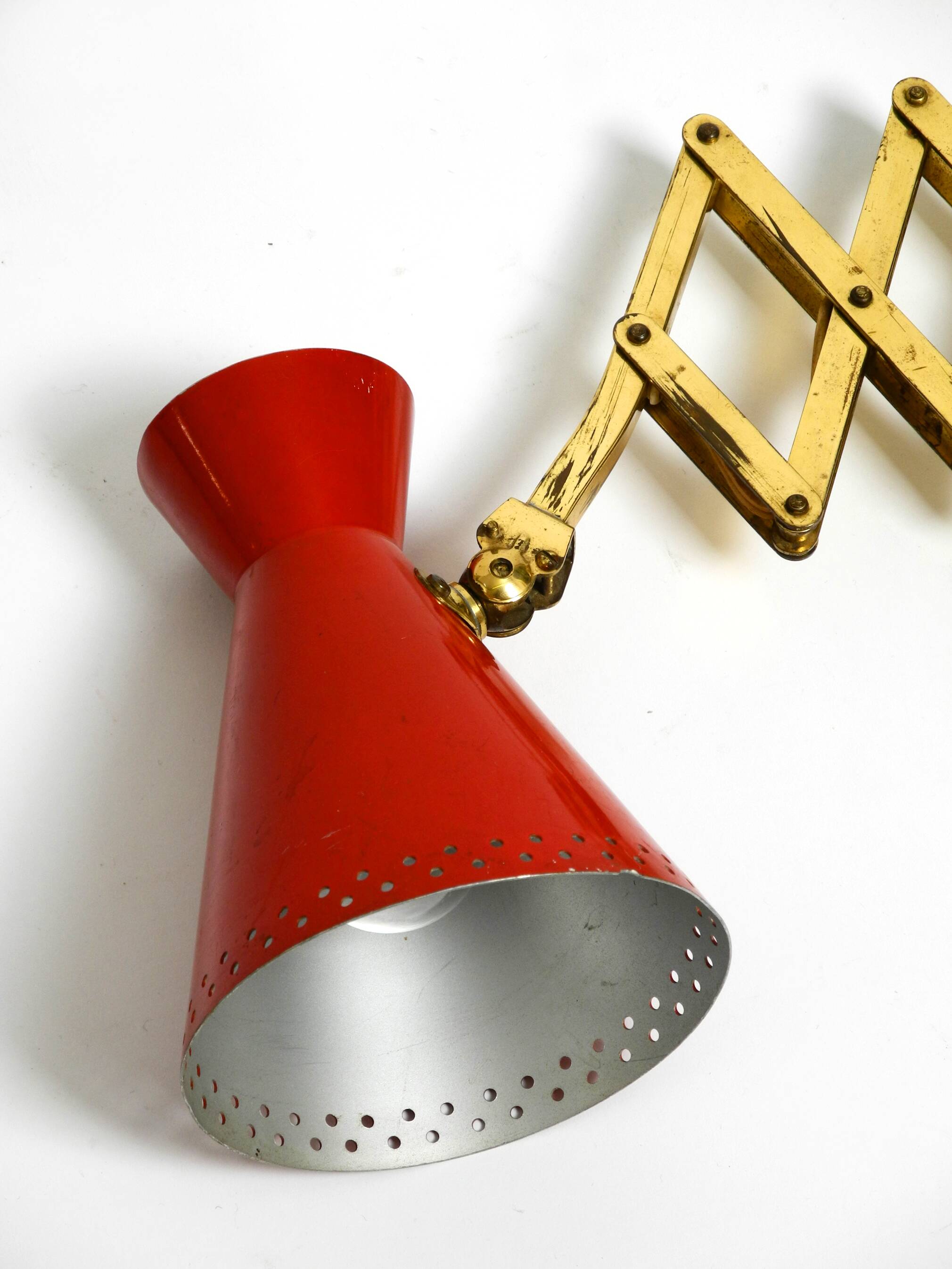 1950s brass extendable scissor wall lamp with aluminum diabolo shade in red