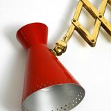 1950s brass extendable scissor wall lamp with aluminum diabolo shade in red