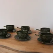 Vintage Tams England service – 6 soup bowls with handles and saucers in olive green ceramic.