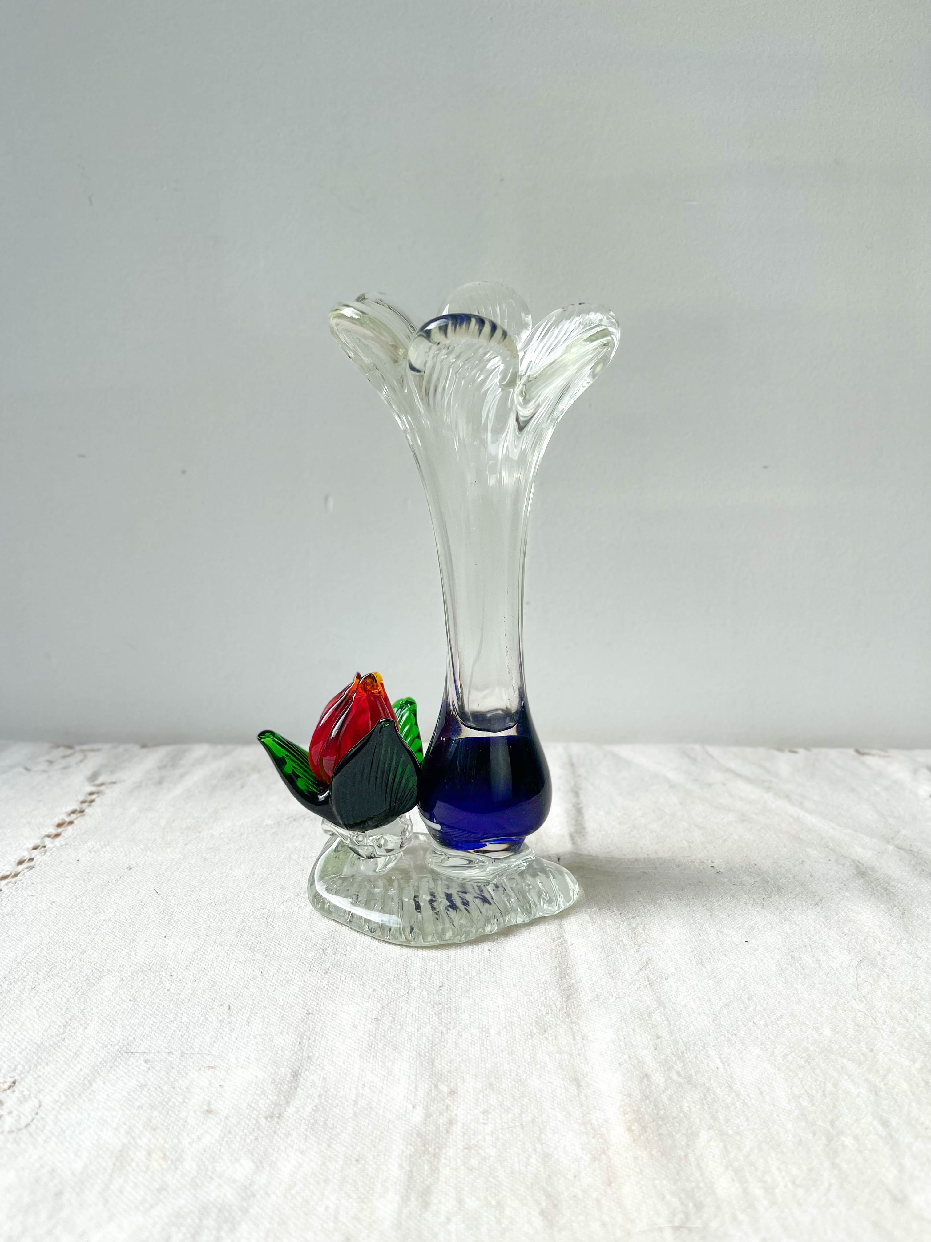Blue red Murano glass vase with blown flower