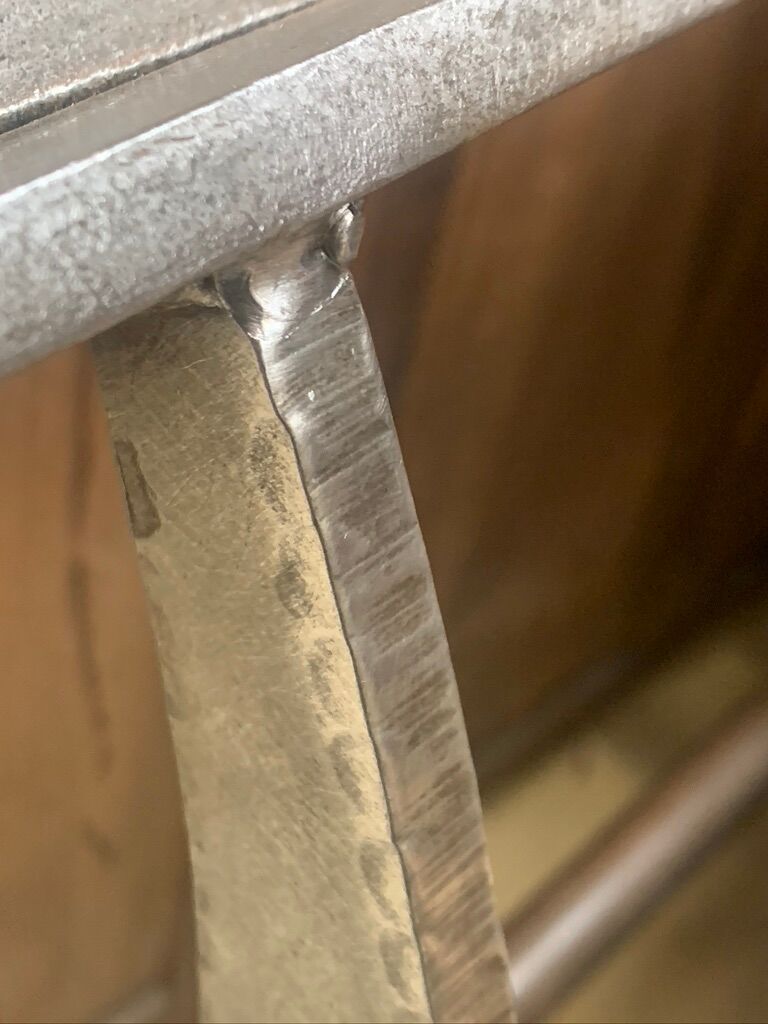Rectangular wooden table, legs and spacer in hammered ironwork, 60s