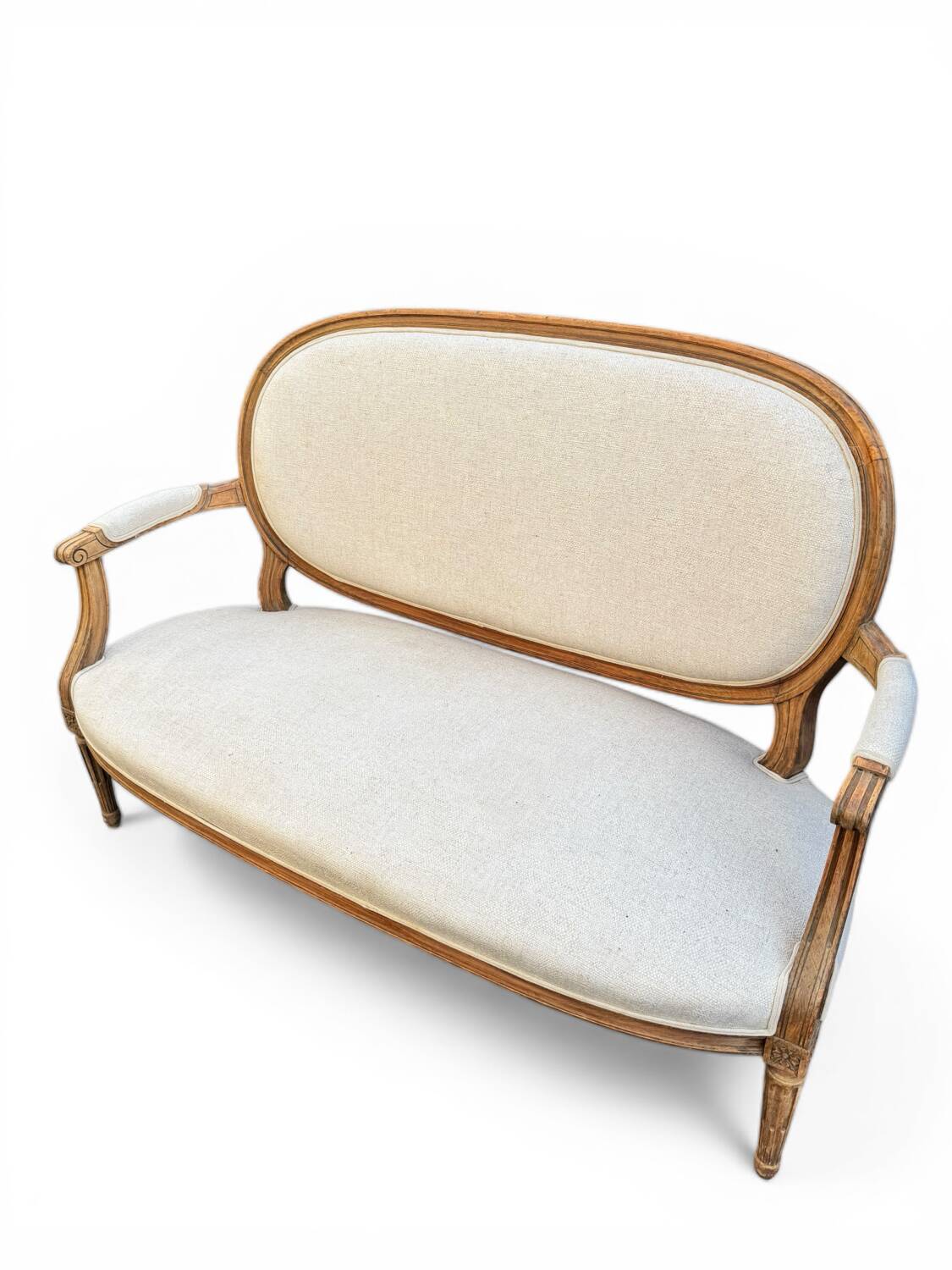 Louis XVI style bench, raw oak, ecru fabric, circa 1900s.