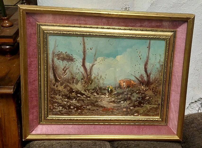 Oil painting on faesite landscape signed "DE BONI" 60s with frame