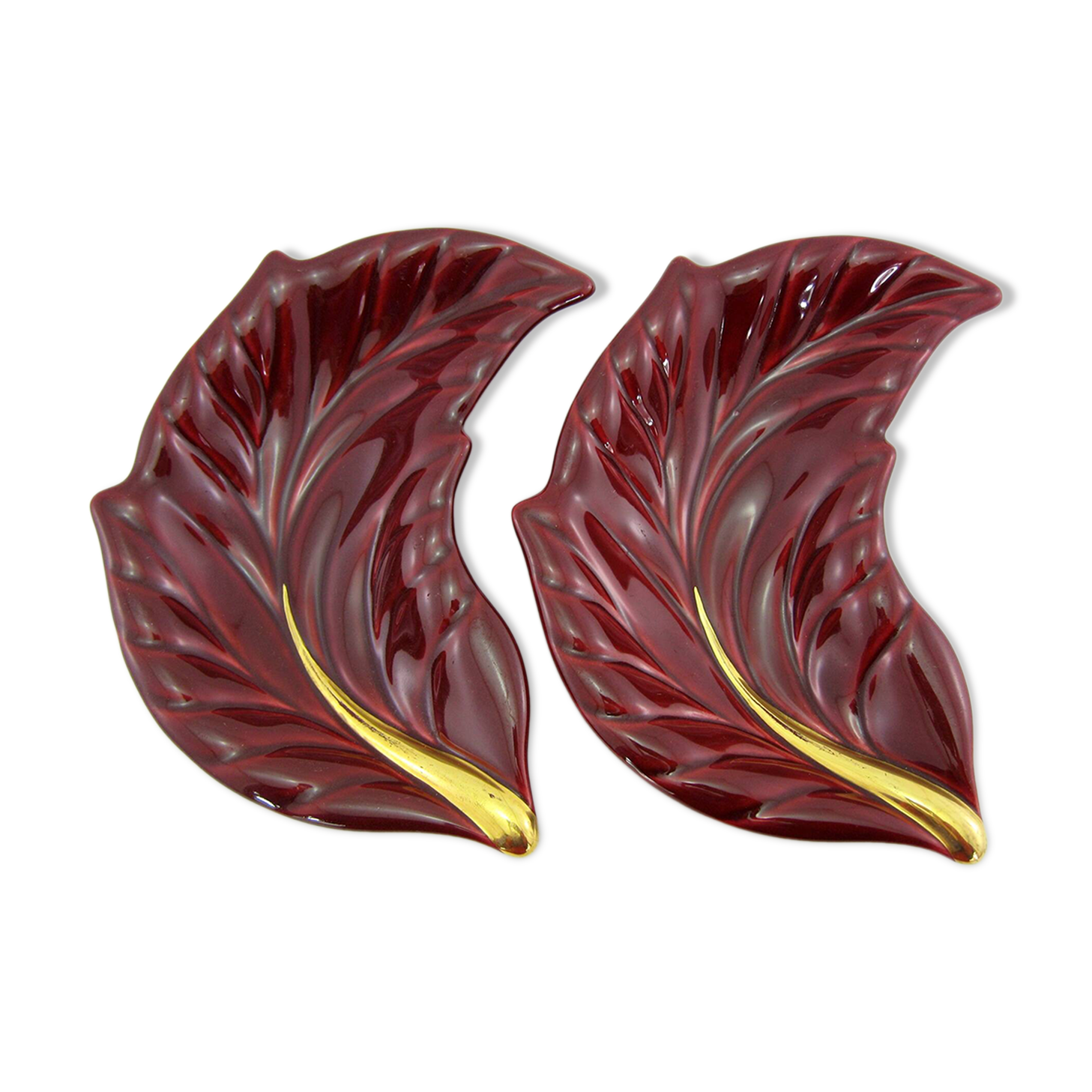 2 red and gold ceramic leaf-shaped bowls - Verceram France - vintage year