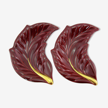 2 coupelles vide-poche en céramique rouge et or en forme de feuille - Verceram France - vintage anné