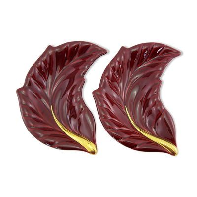 2 coupelles vide-poche en céramique rouge et or en forme de feuille - Verceram France - vintage anné