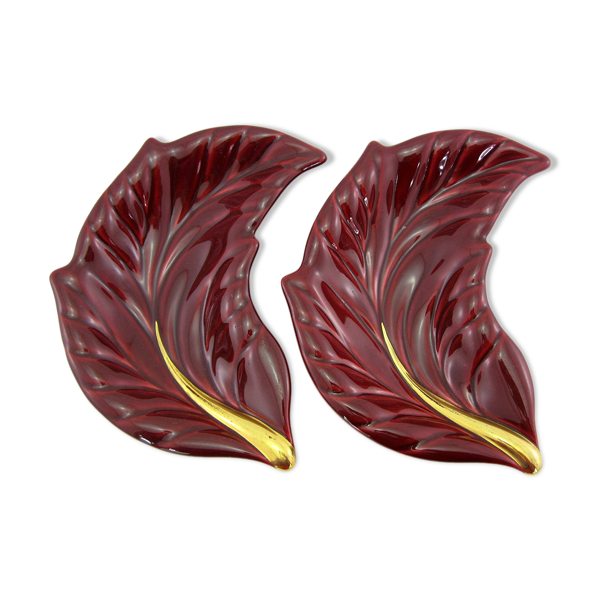 2 coupelles vide-poche en céramique rouge et or en forme de feuille - Verceram France - vintage anné