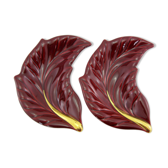 2 red and gold ceramic leaf-shaped bowls - Verceram France - vintage year