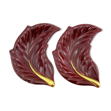 2 red and gold ceramic leaf-shaped bowls - Verceram France - vintage year
