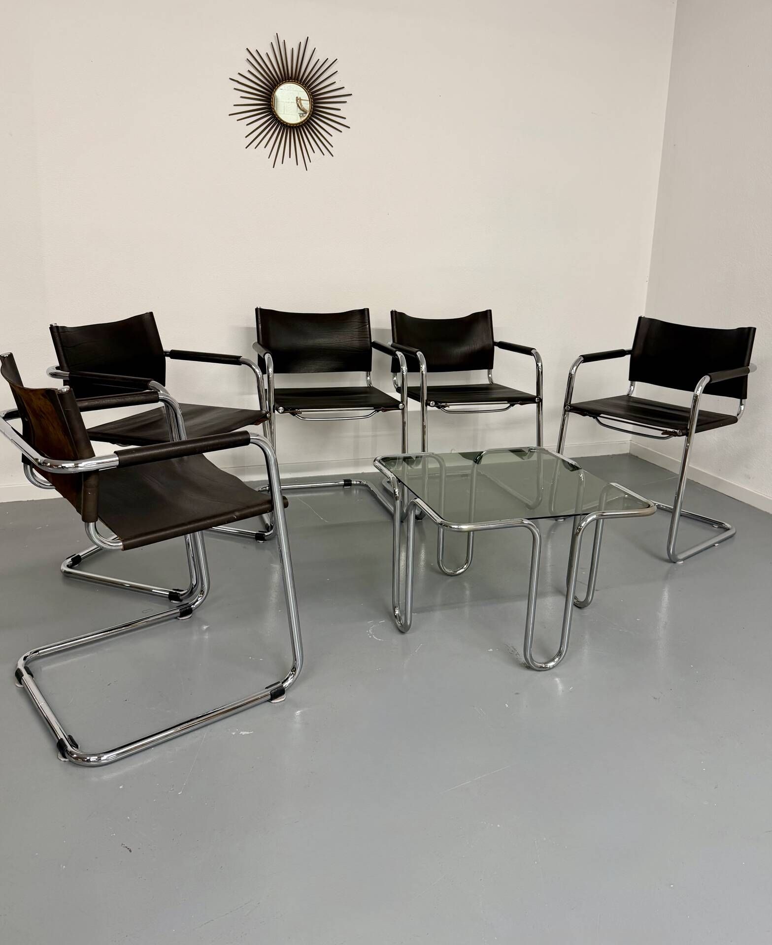 Lot of 5 tubular metal leather chairs designed by Mart Stam, Bauhaus, 1970s.