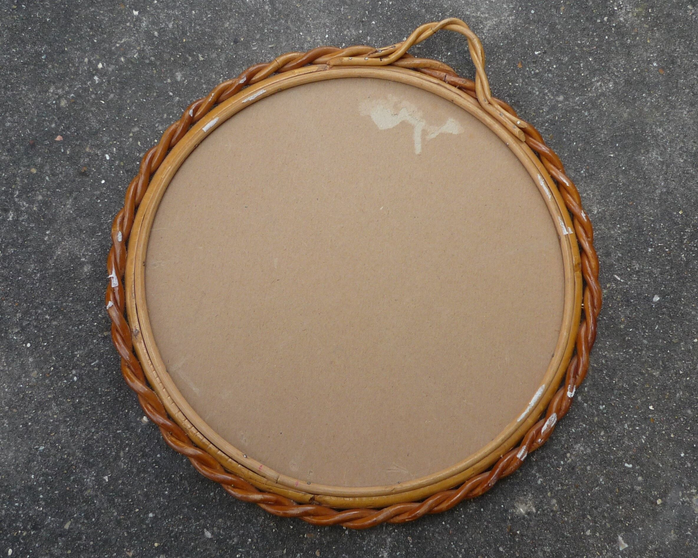 Small round mirror with rattan frame, vintage 70s