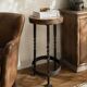 Vintage brutalist stool made of solid wood and twisted wrought iron – loft style