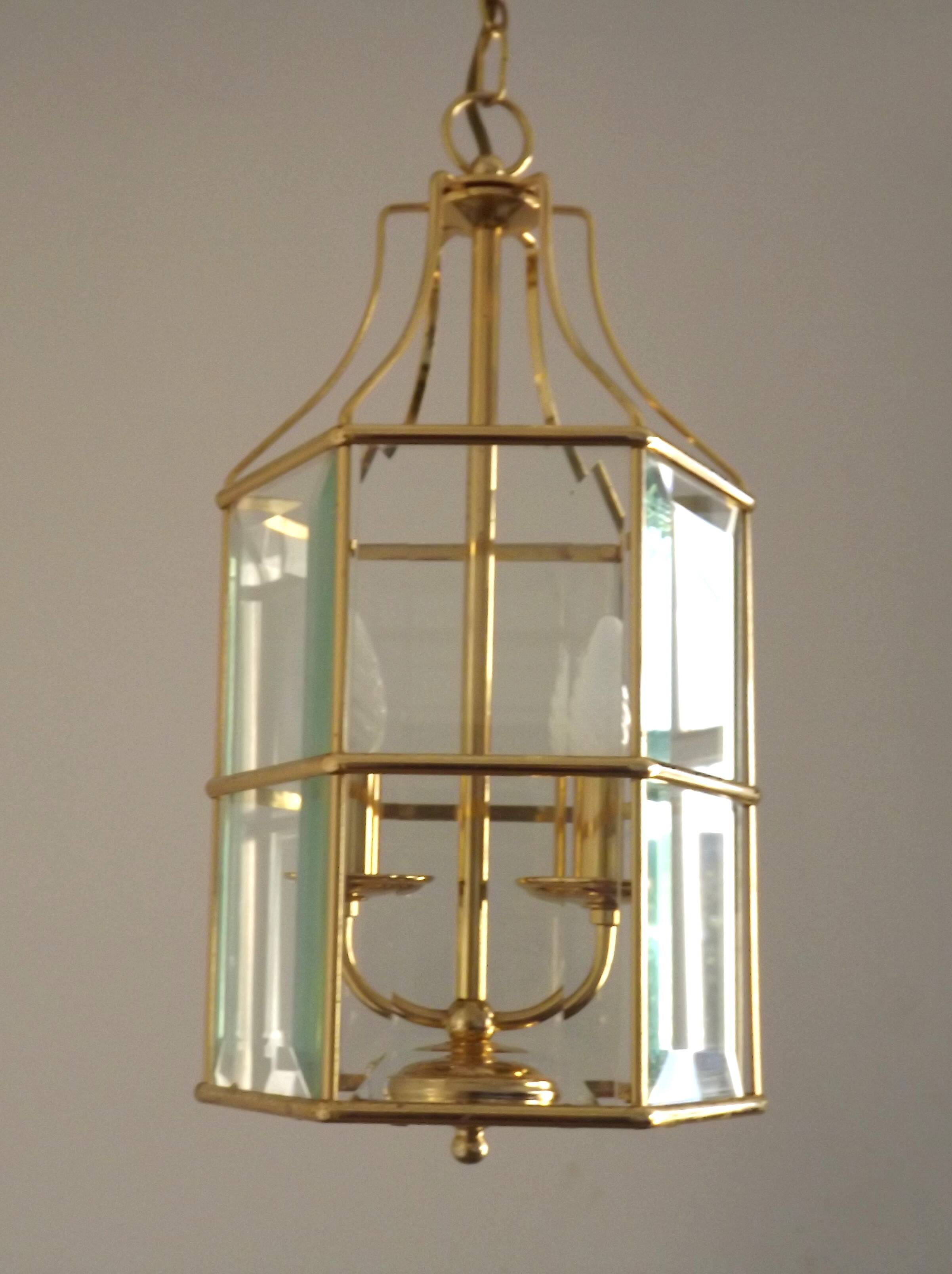 French Vintage 2 Light Hexagonal Gold Metal & Beveled Glass Hanging Light